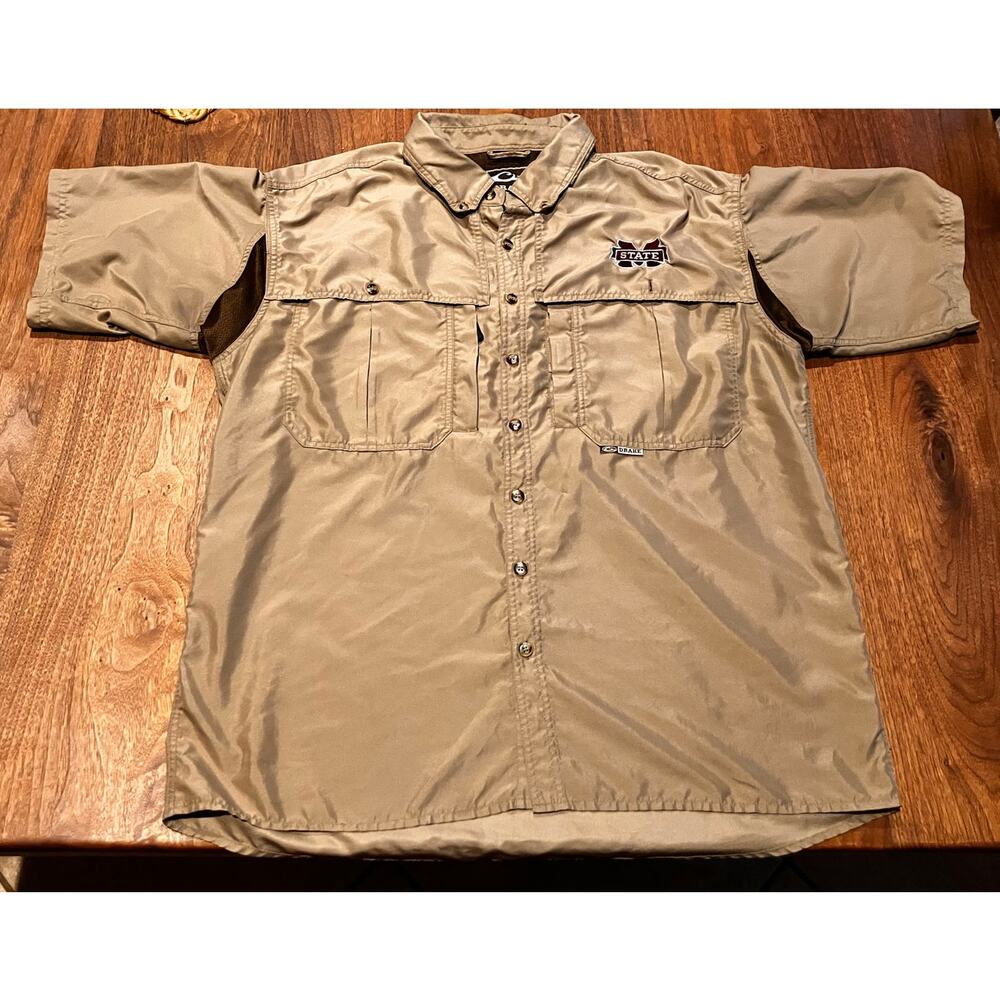 MSU Mississippi State University Fishing Shirt Drake Men's‎ Large Beige Logo Tan